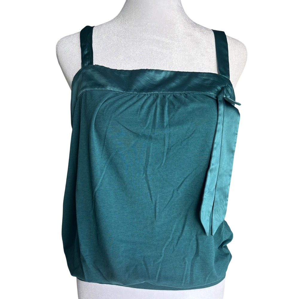 Teal Green Satin Trim Bow Tank Top Blouse Small Emerald Ann Taylor LOFT Women